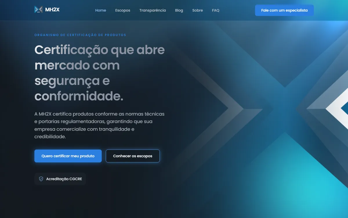 Tela do site de uma empresa de certificação de produtos